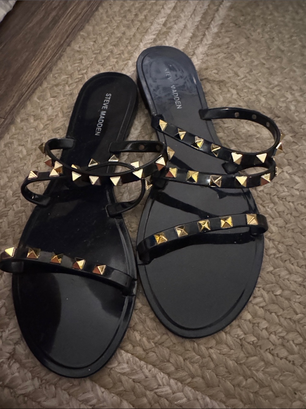 Steve Madden Black Patent Sandals with Gold Studs